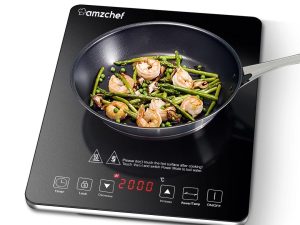 AMZCHEF Single Induction Cooker, Ultra-thin Induction Hob with Fashion Look, 10-level Power and Temperature Control, Black Frosted Glass Panel, Touch Sensor, 3-hour Timer, Safety Lock