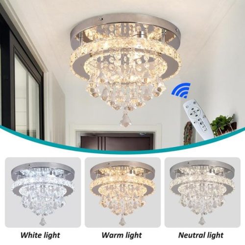 eckrico Crystal Celing Light 30CM Modern LED Chandelier Dimming with Remote Control Chrome Lighting Fixtures for Kitchen Bedroom Hallway Dining Room (Dimmable) - Image 3