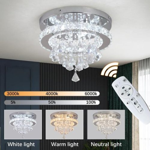 eckrico Crystal Celing Light 30CM Modern LED Chandelier Dimming with Remote Control Chrome Lighting Fixtures for Kitchen Bedroom Hallway Dining Room (Dimmable) - Image 4