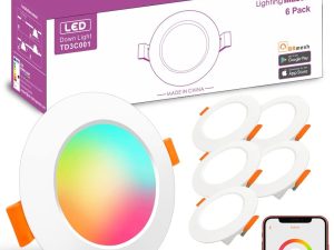 Led Downlights for Ceiling 3 inch 7W for Alexa，Bluetooth Smart Ceiling Spotlights by APP Control，Recessed Lights Warm to Daylight White Dimmable - Colour Changing RGB Lights (Cutout φ68-85mm) 6pack