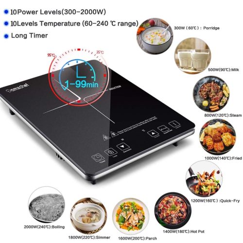 AMZCHEF Single Induction Cooker, Ultra-thin Induction Hob with Fashion Look, 10-level Power and Temperature Control, Black Frosted Glass Panel, Touch Sensor, 3-hour Timer, Safety Lock - Image 2