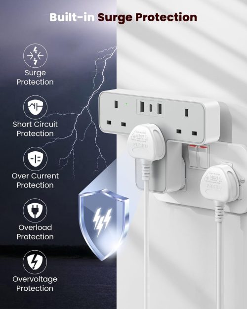 Multi Plug Adaptor with 3 USB Ports (2 USB A & 1 USB C), 3 Way Plug Adapter UK,Surge Protected Wall Plug Extender, Extension Plug Socket Turn 1 into 6 for Home Office - Image 5
