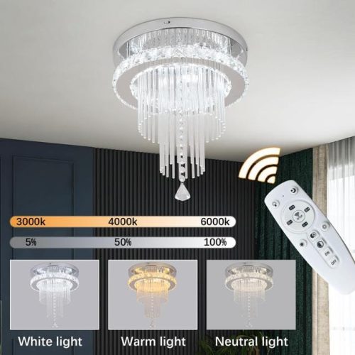 Deckrico Crystal Celing Light 30CM Modern LED Chandelier Dimming with Remote Control Chrome Lighting Fixtures for Kitchen Bedroom Hallway Dining Room (Dimmable) - Image 4