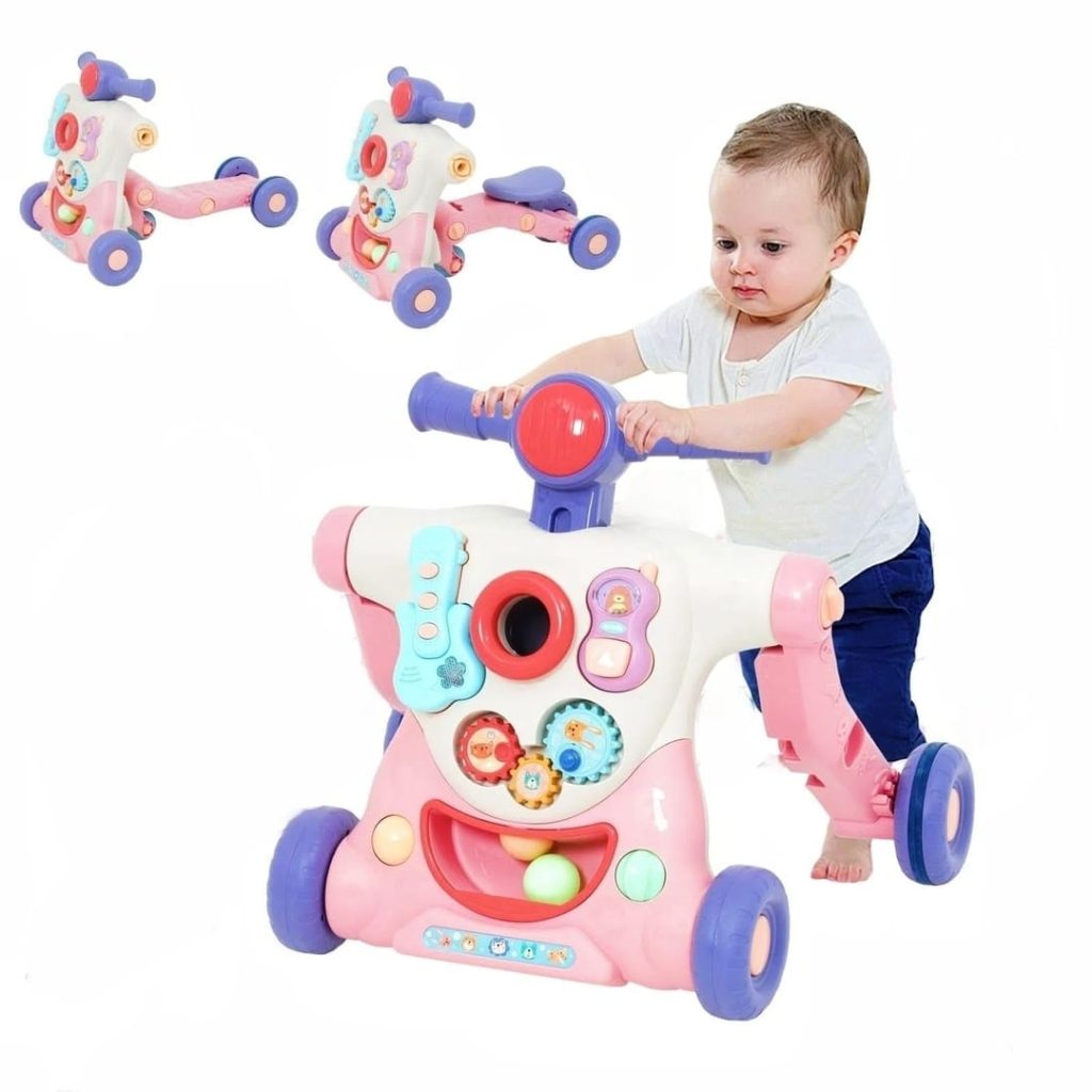 Along Activity Walker for Babies with Entertainment Game Panel, Speed & Height Adjustable Sit to Stand Walker, Gifts for Girls and Boy, Pink