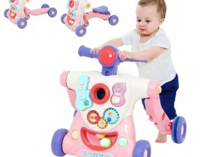 Along Activity Walker for Babies with Entertainment Game Panel, Speed & Height Adjustable Sit to Stand Walker, Gifts for Girls and Boy, Pink
