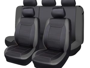 Flying Banner Universal Carbon Fibre Leather Car Seat Covers Airbag Compatible Seat Protector (Full Set, Black and Grey)