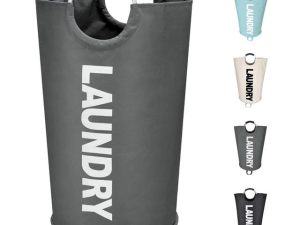 Updated 90L X-Large Laundry Basket, Freestanding Waterproof Laundry Hamper, Collapsible Folding Tall Clothes Bin, Easy Carry with Foam Protected Aluminum Handles for Dorm, Family, Travel (Dark Grey)
