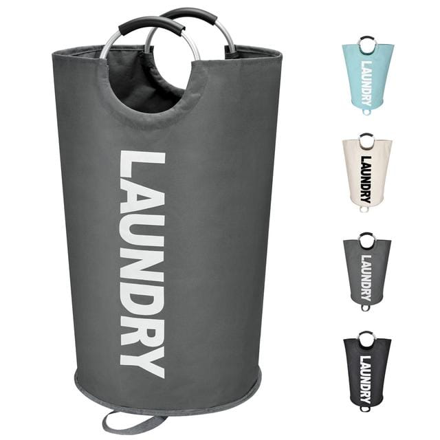 Updated 90L X-Large Laundry Basket, Freestanding Waterproof Laundry Hamper, Collapsible Folding Tall Clothes Bin, Easy Carry with Foam Protected Aluminum Handles for Dorm, Family, Travel (Dark Grey)