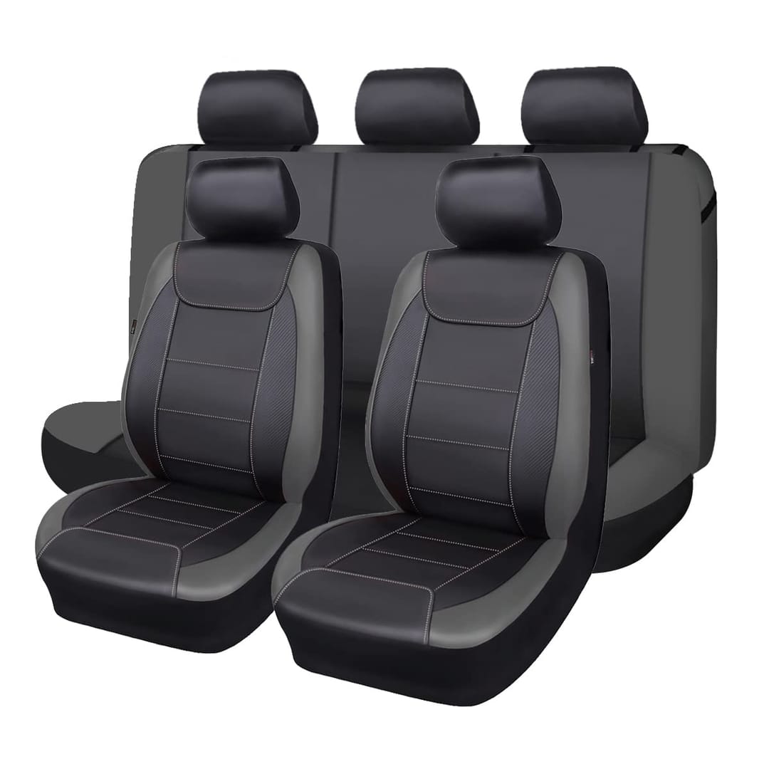 Flying Banner Universal Carbon Fibre Leather Car Seat Covers Airbag Compatible Seat Protector (Full Set, Black and Grey)