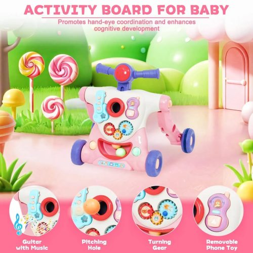Along Activity Walker for Babies with Entertainment Game Panel, Speed & Height Adjustable Sit to Stand Walker, Gifts for Girls and Boy, Pink - Image 2
