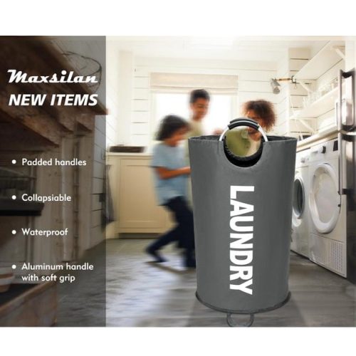 Updated 90L X-Large Laundry Basket, Freestanding Waterproof Laundry Hamper, Collapsible Folding Tall Clothes Bin, Easy Carry with Foam Protected Aluminum Handles for Dorm, Family, Travel (Dark Grey) - Image 2