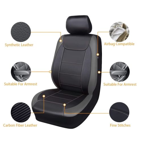Flying Banner Universal Carbon Fibre Leather Car Seat Covers Airbag Compatible Seat Protector (Full Set, Black and Grey) - Image 2