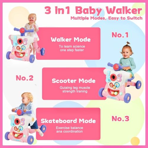 Along Activity Walker for Babies with Entertainment Game Panel, Speed & Height Adjustable Sit to Stand Walker, Gifts for Girls and Boy, Pink - Image 3