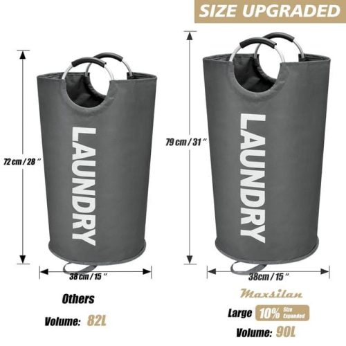 Updated 90L X-Large Laundry Basket, Freestanding Waterproof Laundry Hamper, Collapsible Folding Tall Clothes Bin, Easy Carry with Foam Protected Aluminum Handles for Dorm, Family, Travel (Dark Grey) - Image 3