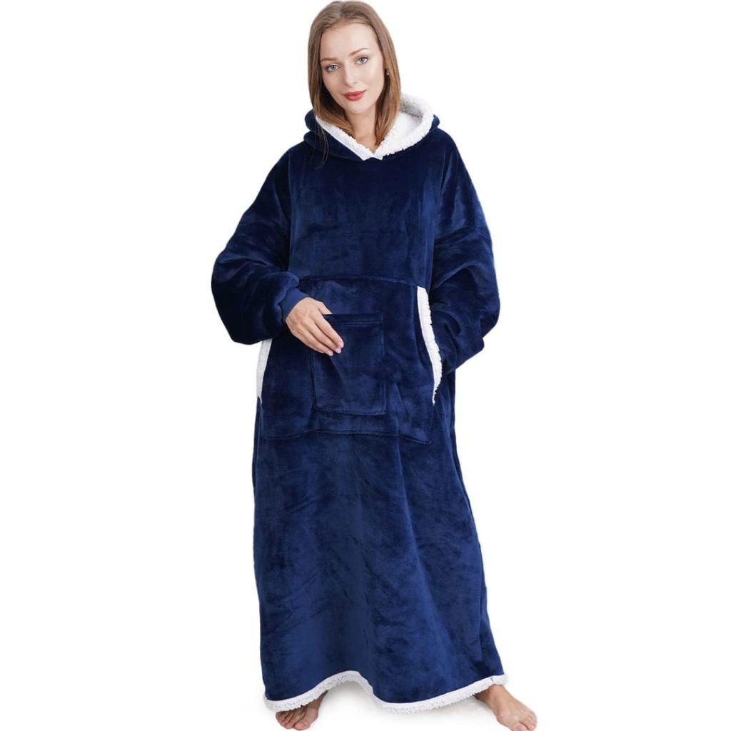 Bedsure Hoodie Blanket, Long Wearable Blanket with Pockets Fluffy Flannel Sherpa TV Blanket Sweatshirt Winter Robe One Size Fits Men Women Adult(Navy Blue)