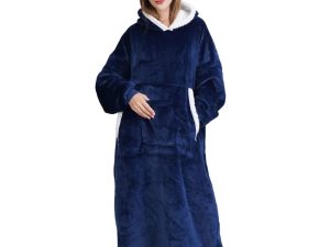Bedsure Hoodie Blanket, Long Wearable Blanket with Pockets Fluffy Flannel Sherpa TV Blanket Sweatshirt Winter Robe One Size Fits Men Women Adult(Navy Blue)