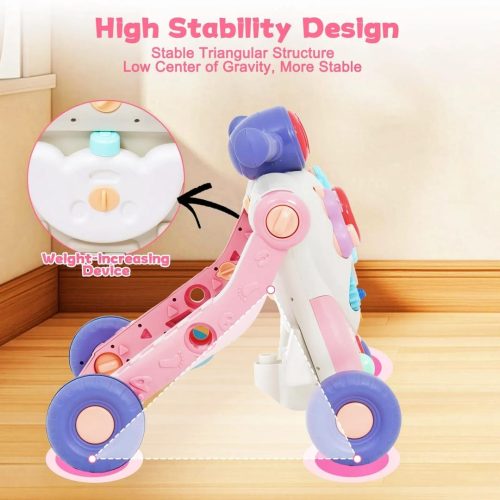 Along Activity Walker for Babies with Entertainment Game Panel, Speed & Height Adjustable Sit to Stand Walker, Gifts for Girls and Boy, Pink - Image 4