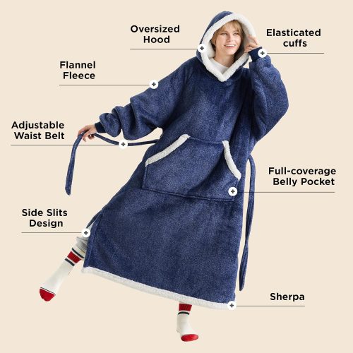 Bedsure Hoodie Blanket, Long Wearable Blanket with Pockets Fluffy Flannel Sherpa TV Blanket Sweatshirt Winter Robe One Size Fits Men Women Adult(Navy Blue) - Image 6