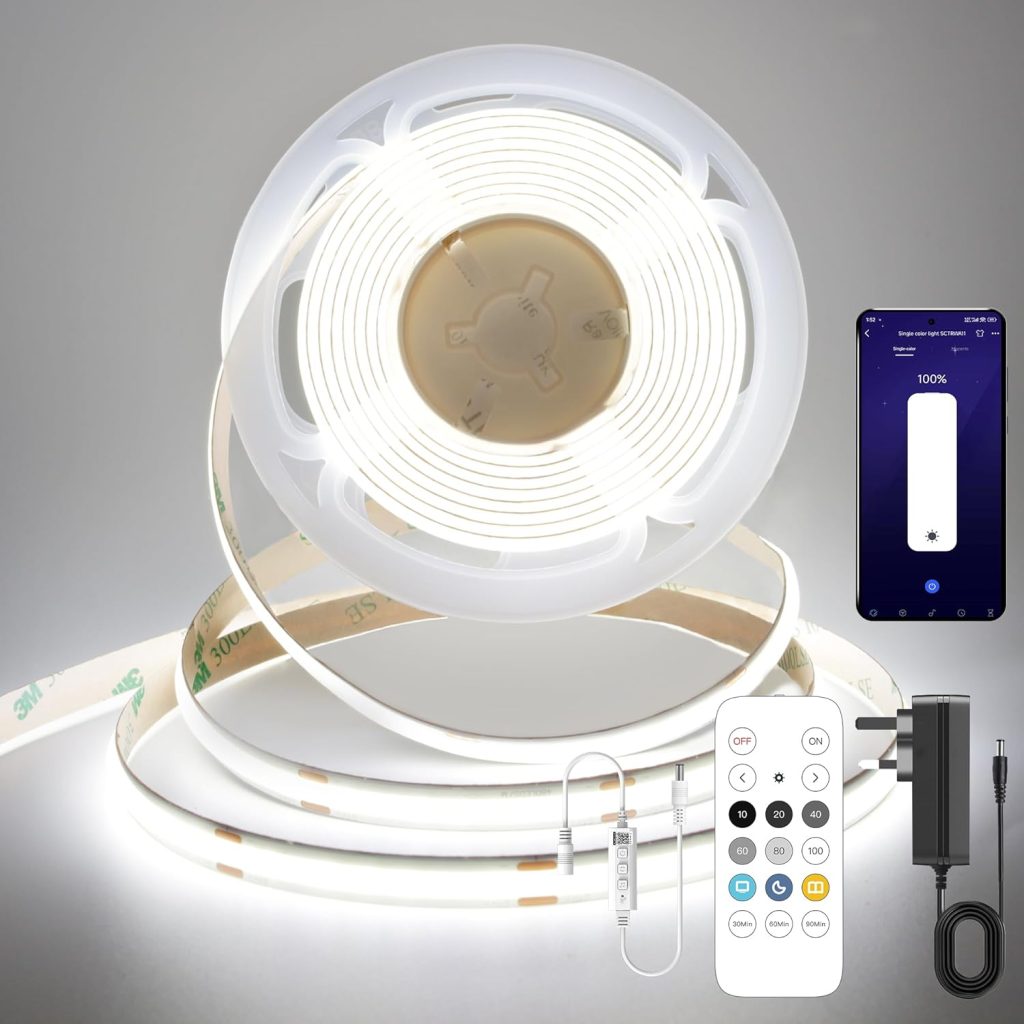 FUIQI COB LED Strip 5M, Dimmable Dotless LED Strip Lights with Smart App and Remote, 24V Cool White 6000K with Power Supply, 8mm Wide, CRI>90 LED Lights for Indoor Room, Kitchen, cabinets, Mirrors