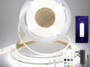 FUIQI COB LED Strip 5M, Dimmable Dotless LED Strip Lights with Smart App and Remote, 24V Cool White 6000K with Power Supply, 8mm Wide, CRI>90 LED Lights for Indoor Room, Kitchen, cabinets, Mirrors