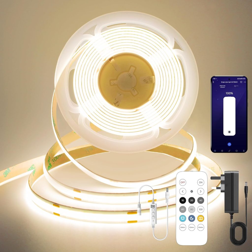 FUIQI COB LED Strip 5M, Dimmable Dotless LED Strip Lights with Smart App and Remote, 24V Cool White 4000K with Power Supply, 8mm Wide, CRI>90 LED Lights for Indoor Room, Kitchen, cabinets, Mirrors