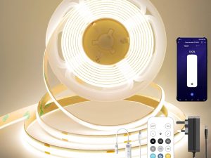 FUIQI COB LED Strip 5M, Dimmable Dotless LED Strip Lights with Smart App and Remote, 24V Cool White 4000K with Power Supply, 8mm Wide, CRI>90 LED Lights for Indoor Room, Kitchen, cabinets, Mirrors