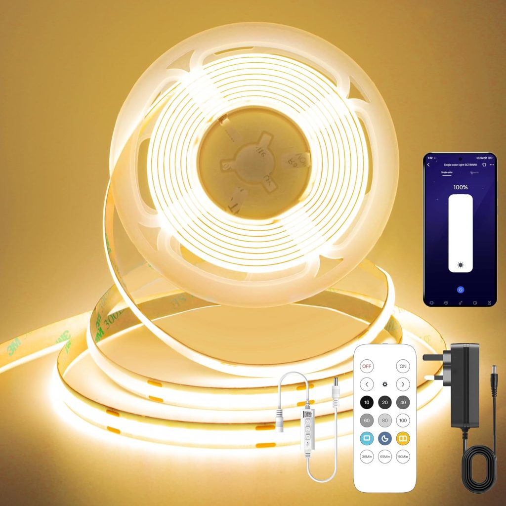 FUIQI COB LED Strip 5M, Dimmable Dotless LED Strip Lights with Smart App and Remote, 24V Cool White 2700K with Power Supply, 8mm Wide, CRI>90 LED Lights for Indoor Room, Kitchen, cabinets, Mirrors
