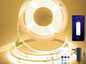 FUIQI COB LED Strip 5M, Dimmable Dotless LED Strip Lights with Smart App and Remote, 24V Cool White 2700K with Power Supply, 8mm Wide, CRI>90 LED Lights for Indoor Room, Kitchen, cabinets, Mirrors