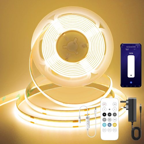 FUIQI COB LED Strip 5M, Dimmable Dotless LED Strip Lights with Smart App and Remote, 24V Cool White 2700K with Power Supply, 8mm Wide, CRI>90 LED Lights for Indoor Room, Kitchen, cabinets, Mirrors