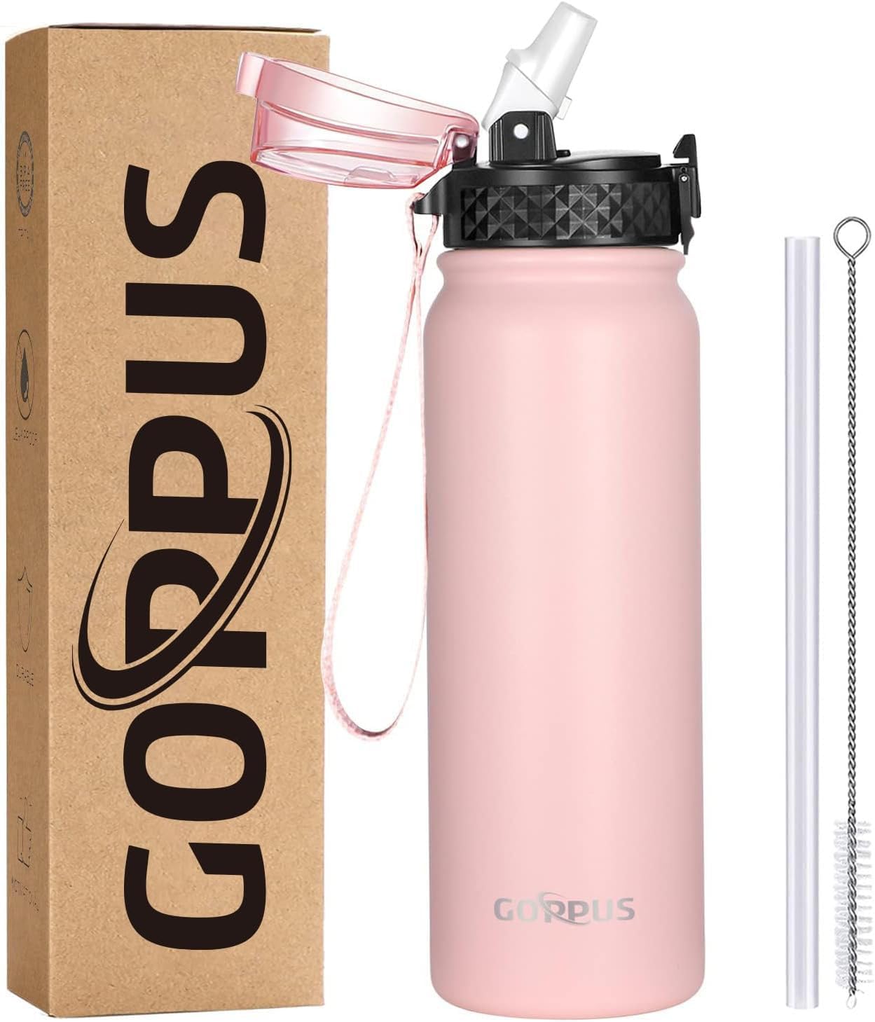 Brand New GOPPUS 600ml/20oz Stainless Steel Water Bottle with Straw Insulated Sports Bottle Cold Flask with Straw Double Walled Flip up Metal Water Bottles Leakproof Water Bottle for Gym Sports