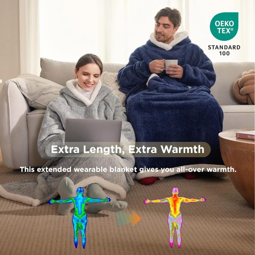 Bedsure Hoodie Blanket, Long Wearable Blanket with Pockets Fluffy Flannel Sherpa TV Blanket Sweatshirt Winter Robe One Size Fits Men Women Adult(Navy Blue) - Image 7