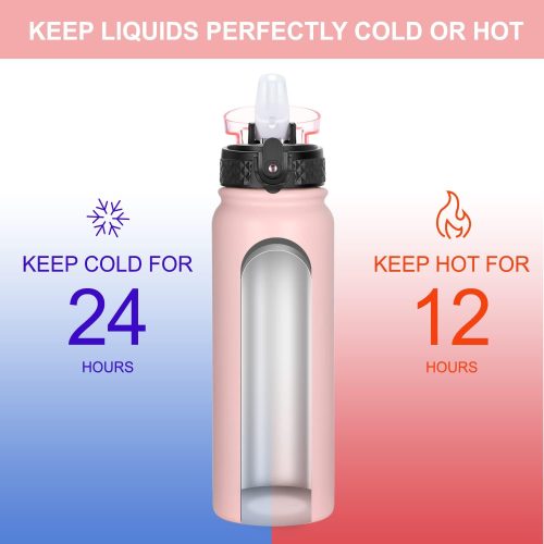 Brand New GOPPUS 600ml/20oz Stainless Steel Water Bottle with Straw Insulated Sports Bottle Cold Flask with Straw Double Walled Flip up Metal Water Bottles Leakproof Water Bottle for Gym Sports - Image 3