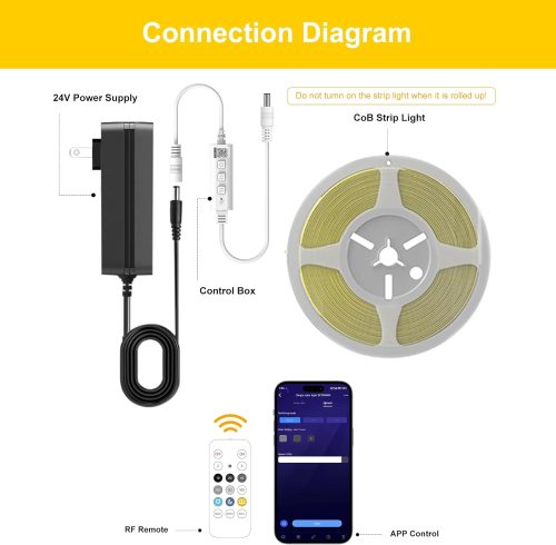FUIQI COB LED Strip 5M, Dimmable Dotless LED Strip Lights with Smart App and Remote, 24V Cool White 2700K with Power Supply, 8mm Wide, CRI>90 LED Lights for Indoor Room, Kitchen, cabinets, Mirrors - Image 4