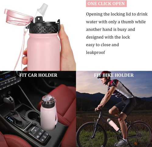 Brand New GOPPUS 600ml/20oz Stainless Steel Water Bottle with Straw Insulated Sports Bottle Cold Flask with Straw Double Walled Flip up Metal Water Bottles Leakproof Water Bottle for Gym Sports - Image 5