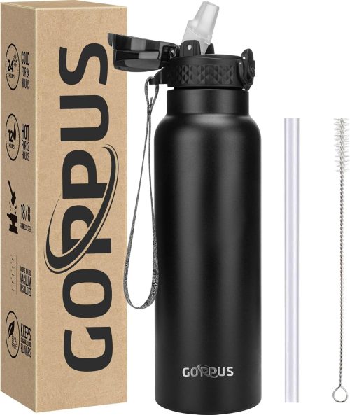 GOPPUS 750ml/24oz Insulated Water Bottles with Straw 0.75 Litre Metal Bottles Steel Thermal Flask Stainless Steel Gym Bottle Double Walled Drinks Bottle Leakproof Hot/Cold Water Flask BPA Free