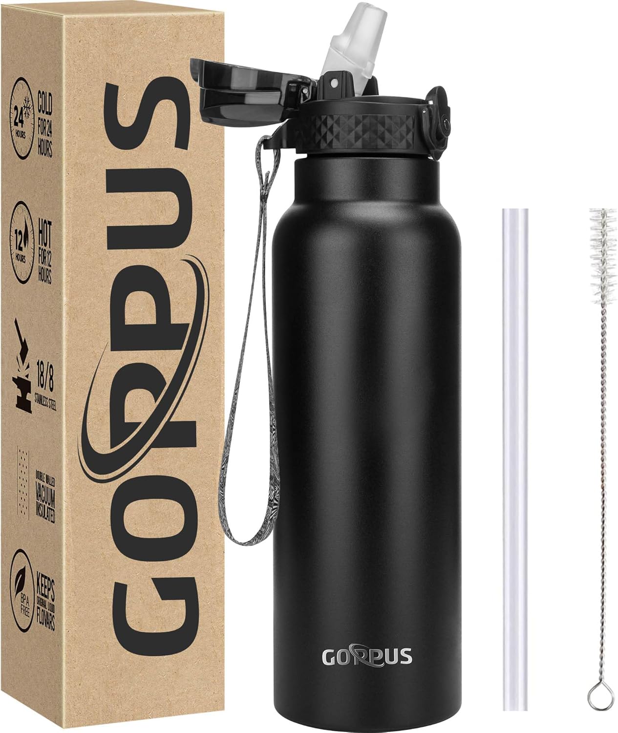 GOPPUS 750ml/24oz Insulated Water Bottles with Straw 0.75 Litre Metal Bottles Steel Thermal Flask Stainless Steel Gym Bottle Double Walled Drinks Bottle Leakproof Hot/Cold Water Flask BPA Free