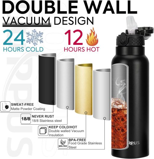 GOPPUS 750ml/24oz Insulated Water Bottles with Straw 0.75 Litre Metal Bottles Steel Thermal Flask Stainless Steel Gym Bottle Double Walled Drinks Bottle Leakproof Hot/Cold Water Flask BPA Free - Image 2