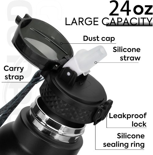 GOPPUS 750ml/24oz Insulated Water Bottles with Straw 0.75 Litre Metal Bottles Steel Thermal Flask Stainless Steel Gym Bottle Double Walled Drinks Bottle Leakproof Hot/Cold Water Flask BPA Free - Image 3