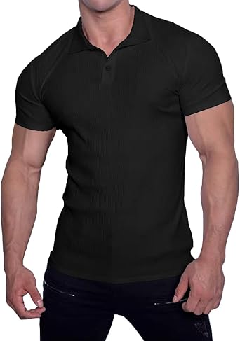 Muscle Cmdr Men's Slim Fit Muscle Polo Shirts Short Sleeve Stretch Quick Dry Tee Casual Golf Athletic T-Shirts (Black)