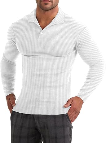 Muscle Cmdr Men's Slim Fit Muscle Polo Shirts Long&Short Sleeve Stretch Quick Dry Tee Casual Golf Athletic T-Shirts (White)