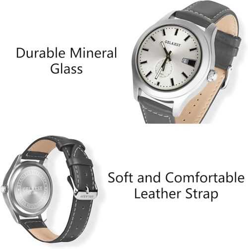 GELAXSY Men's 41mm Quartz Watches with Analogue Display Date Window and Leather Strap Water Resistant Wrist Watches for Men (Gray Silver) - Image 3