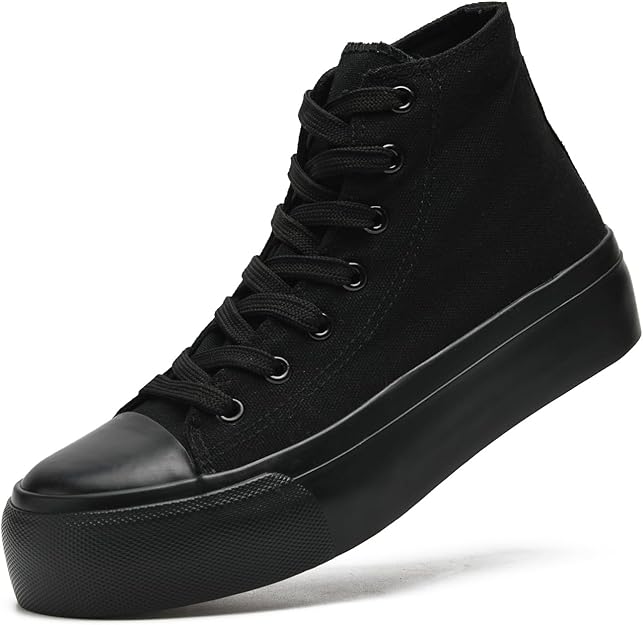Maxvinci Ladies Canvas Shoes Women High Top Platform Trainers Lace Up Pumps Plimsolls Fashion Sneakers Casual Canvas Tennis Shoes for Women Black