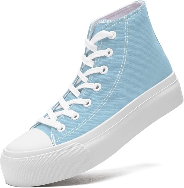 Maxvinci Ladies Canvas Shoes Women High Top Platform Trainers Lace Up Pumps Plimsolls Fashion Sneakers Casual Canvas Tennis Shoes for Women Light Blue