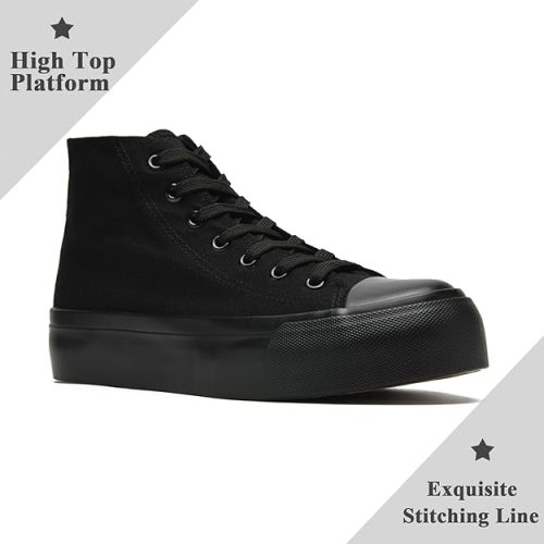 Maxvinci Ladies Canvas Shoes Women High Top Platform Trainers Lace Up Pumps Plimsolls Fashion Sneakers Casual Canvas Tennis Shoes for Women Black