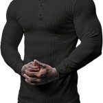 Muscle Cmdr Men's Cotton Muscle Shirts Slim Fit Business Casual Tee Long Sleeve Ribbed Polo V Neck Shirt Black