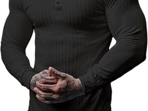 Muscle Cmdr Men's Cotton Muscle Shirts Slim Fit Business Casual Tee Long Sleeve Ribbed Polo V Neck Shirt Black