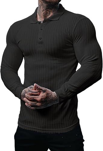 Muscle Cmdr Men's Cotton Muscle Shirts Slim Fit Business Casual Tee Long Sleeve Ribbed Polo V Neck Shirt Black