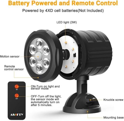 Security Lights Outdoor Motion Sensor, ASOFTY 6 LED 1000 Lumen PIR Wireless Spotlights with Remote Control, IP65 Waterproof 6000K Motion Flood Light for Garage Yard Porch and Patio - Image 5