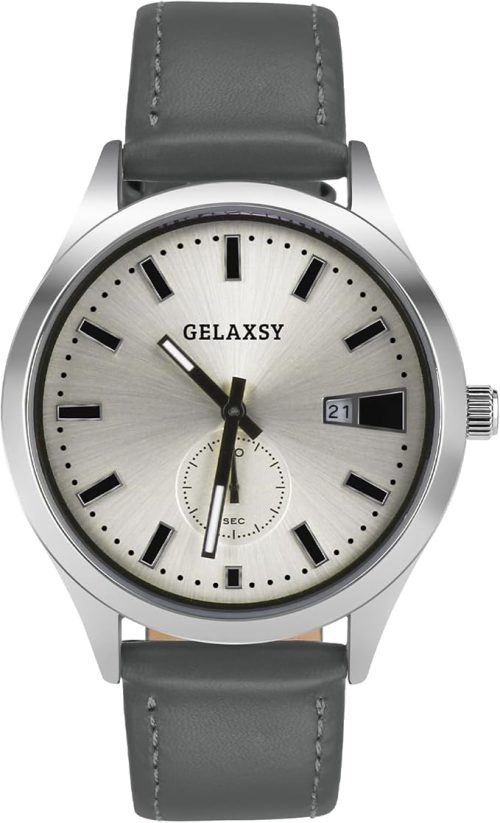 GELAXSY Men's 41mm Quartz Watches with Analogue Display Date Window and Leather Strap Water Resistant Wrist Watches for Men (Gray Silver)