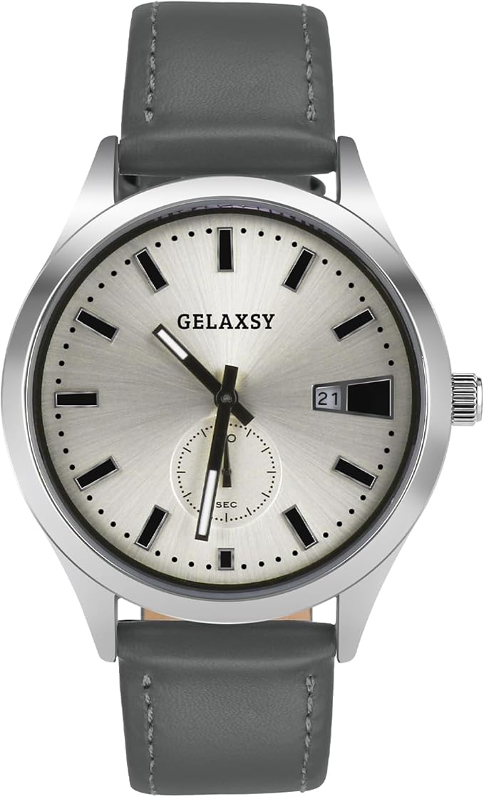 GELAXSY Men's 41mm Quartz Watches with Analogue Display Date Window and Leather Strap Water Resistant Wrist Watches for Men (Gray Silver)